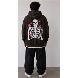 Vintage Y2K Skeleton Heart Hoodie Brown Sweatshirt Mens XL Streetwear Skull Gym
